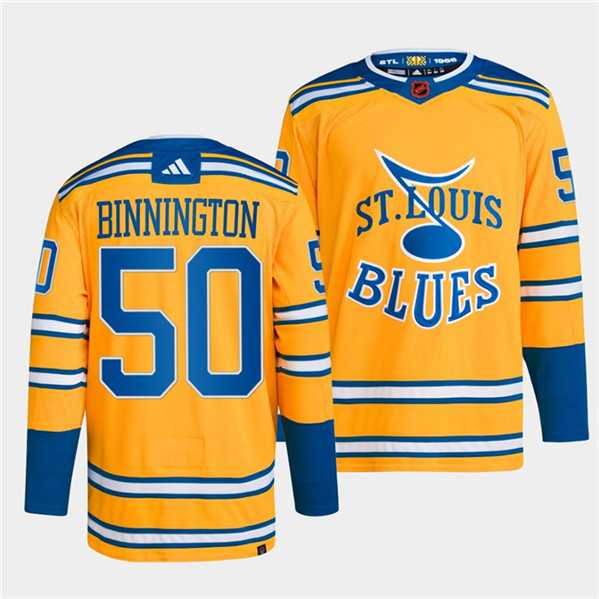 Mens St. Louis Blues #50 Jordan Binnington Yellow 2022-23 Reverse Retro Stitched Jersey Dzhi